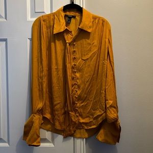 Mustard button up tie blouse
